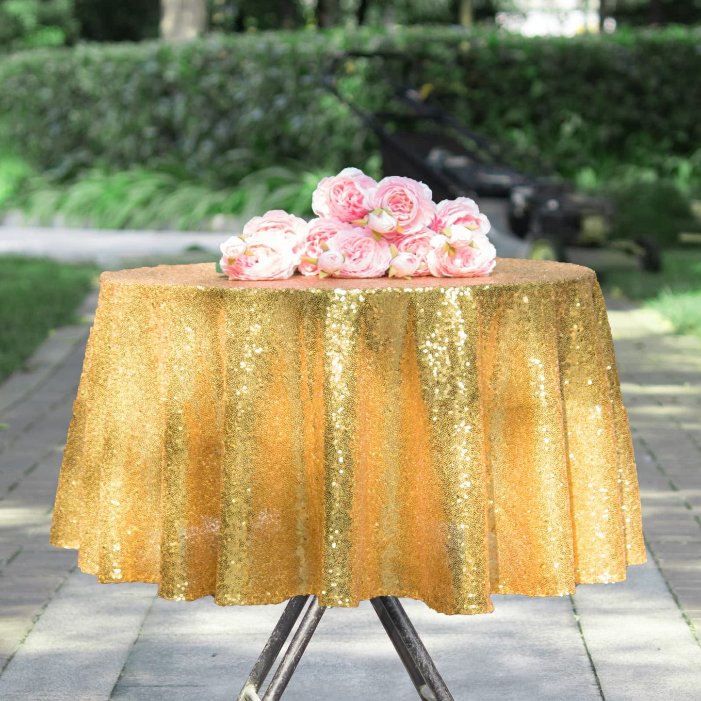 HMQIANG Gold Sequin Tablecloth Round 90" Sparkly Gold Drape Table Cloth Sequin Fabric Table Cover for Wedding Birthday Party Baby Shower