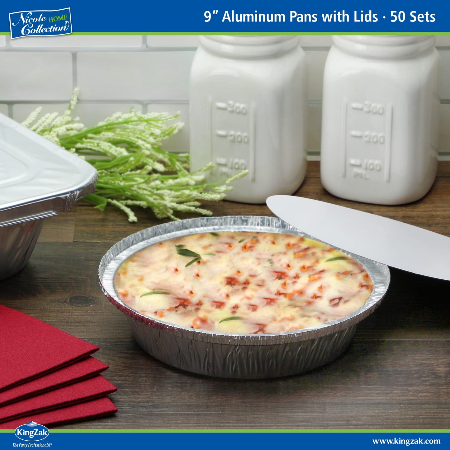 Nicole Home Collection Aluminum Pans 9” Round Disposable Foil Pans With Lids (50 Pack) – 9 Inch Round Disposable Takeout Pans With Board Lids (9" Inch Round)