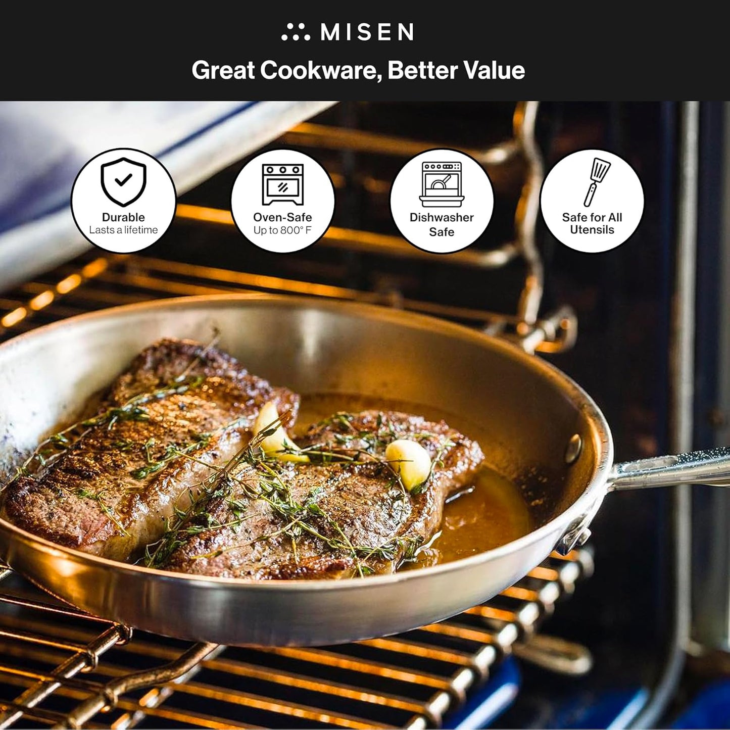 Misen 12" Frying Pan | 5-Ply Stainless Steel Professional Cookware - Induction, Gas, Electric Safe, Dishwasher & Oven Safe to 800°F