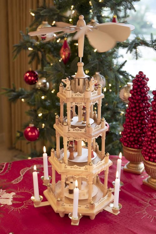 Clever Creations Beige Four-Tier Carousel | 22-Inch Traditional Wooden Christmas Pyramid Decoration