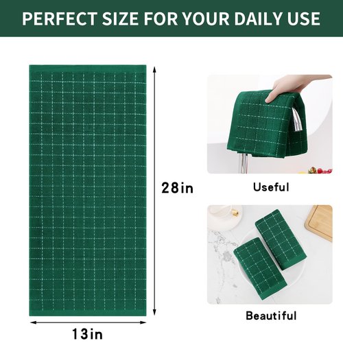 Homaxy 100% Cotton Terry Kitchen Towels(Dark Green, 13 x 28 inches), Checkered Designed, Soft and Super Absorbent Dish Towels, 12 Pack