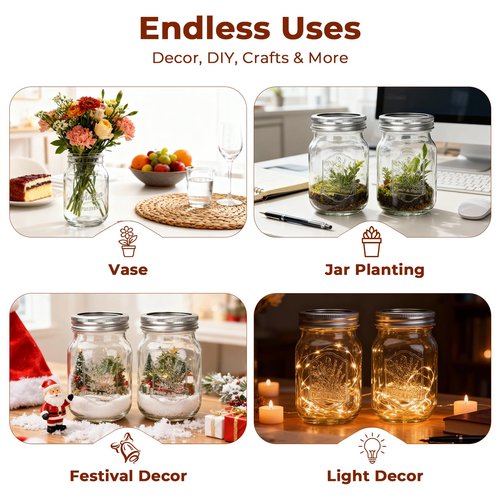 CycleMore 16oz 6 Pack Mason Glass Jars with Airtight Lids and Bands, Embossed Design Canning Jars, Pint Glass Jars for Pickling, Meal Prep, Freezing, Fermenting, Preserving, Jar Décor