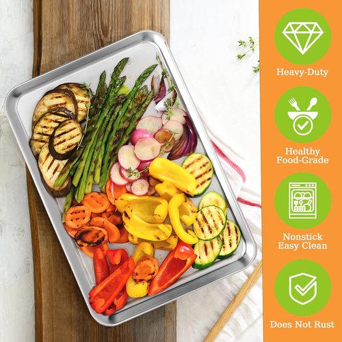 CEKEE Stainless Steel Baking Sheet Pan Set - 4 Heavy-Duty Cookie Sheets, Warp Resistant - 9.3 x 6.9 x 0.98 Inch