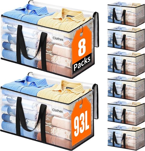 Extra Large Heavy Duty Moving Bags - Strong Zippers & Handles | 93L Storage Tote for Home & Dorm (8 Packs)