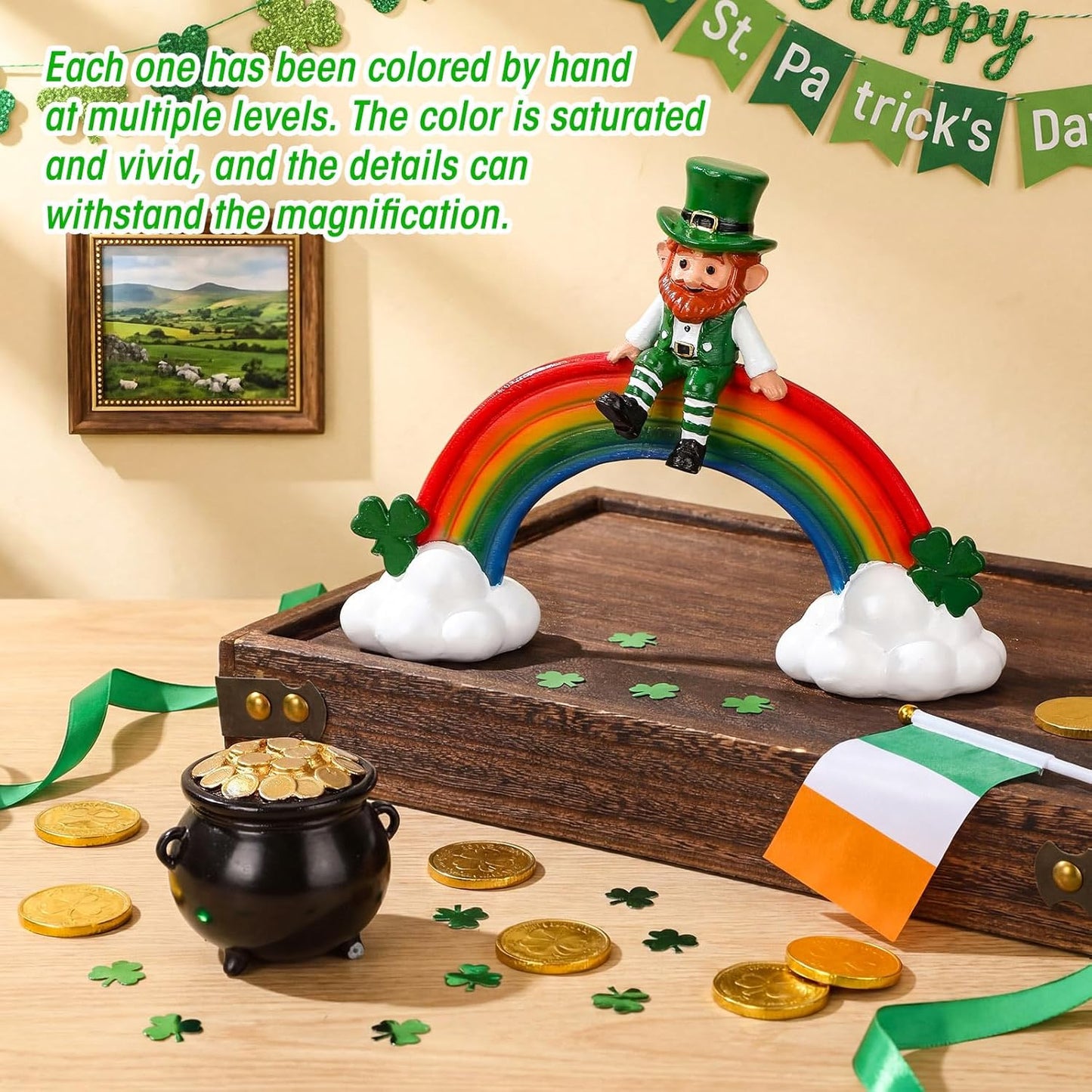 Youyole St. Patrick's Day Leprechaun Figurine - Colorful Resin Elf with Pot of Gold Decor