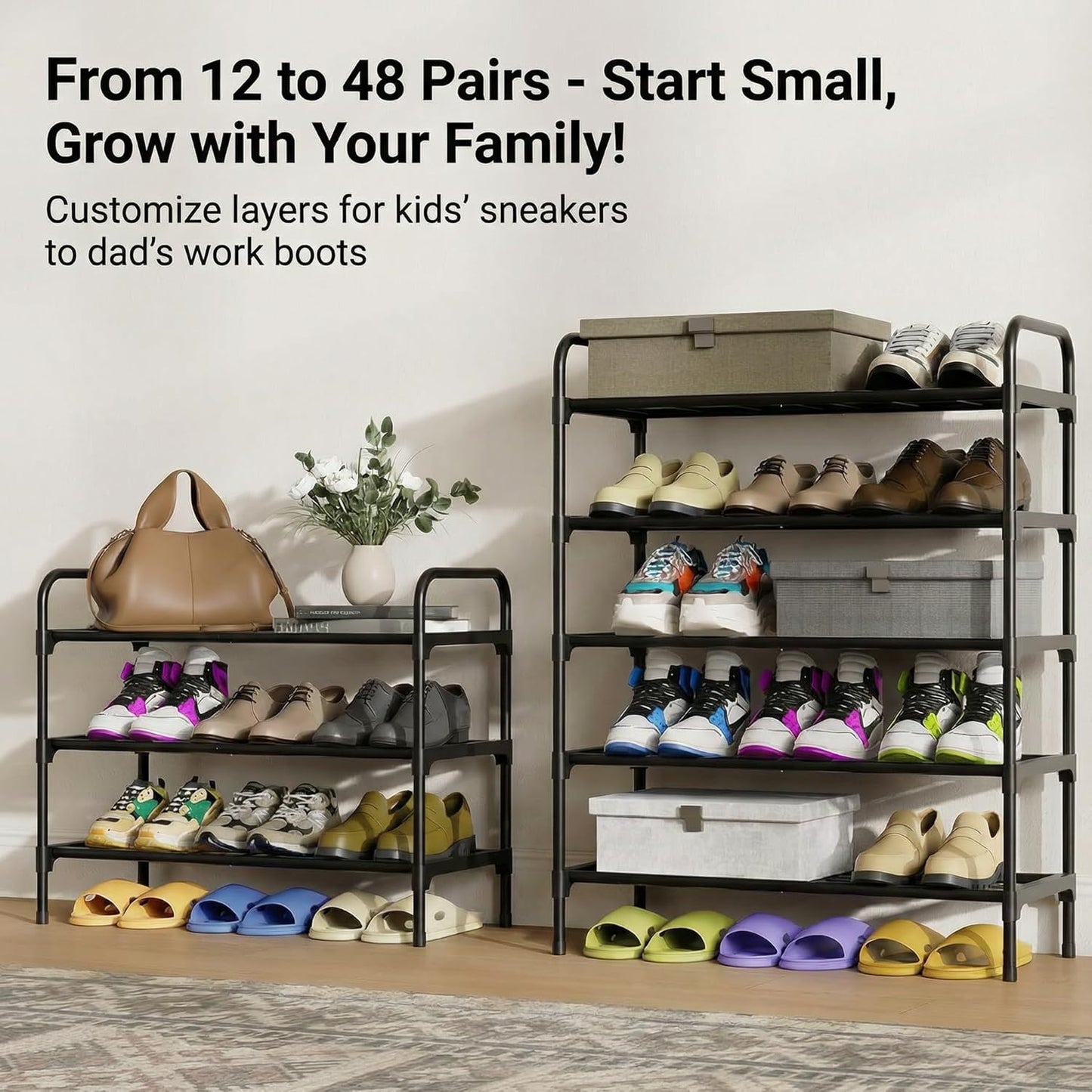 3-Tler Shoe Rack Organizer - Rustproof Iron Shoe Storage Shelf for Closet or Entryway | Fits Sneakers & Slippers, Black