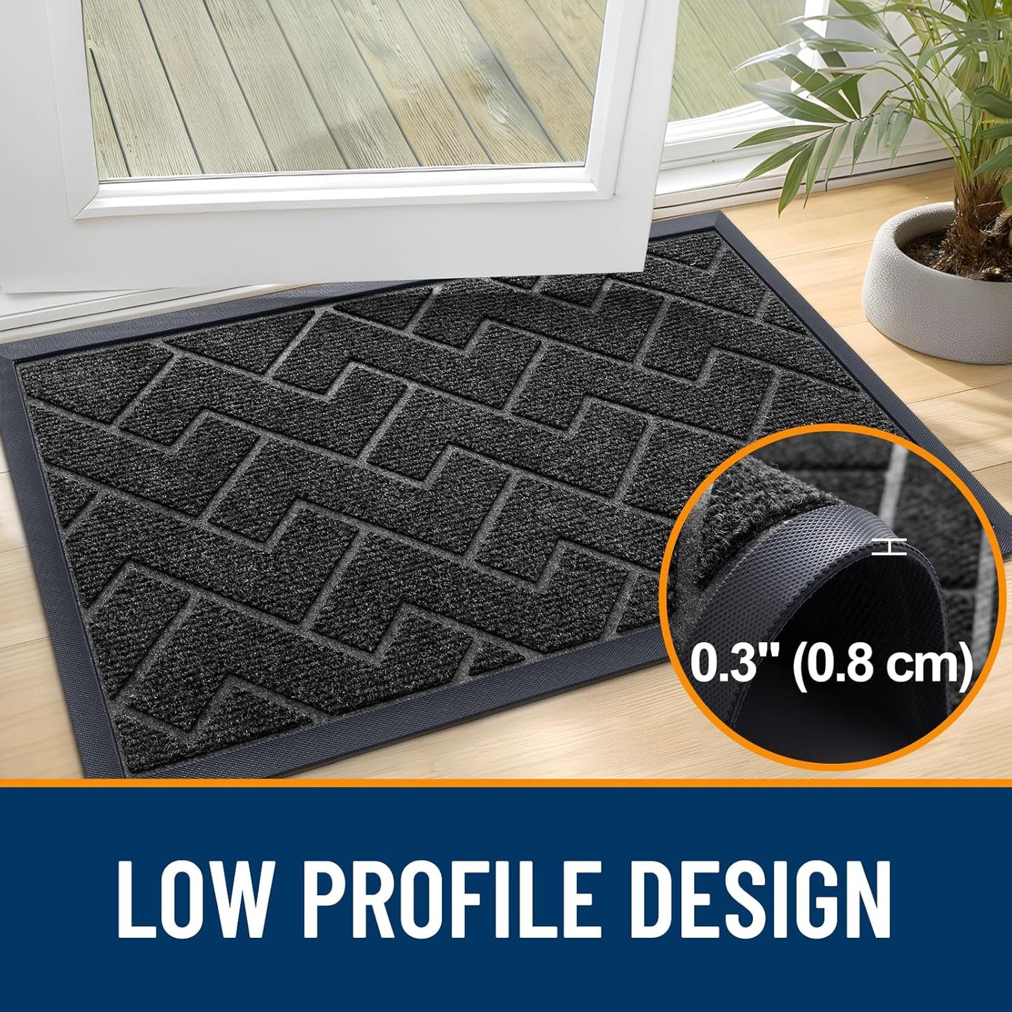 OLANLY Waterproof Front Door Mat - All-Season Indoor/Outdoor Doormat, Low Profile Herringbone Design (Black, 71x47)