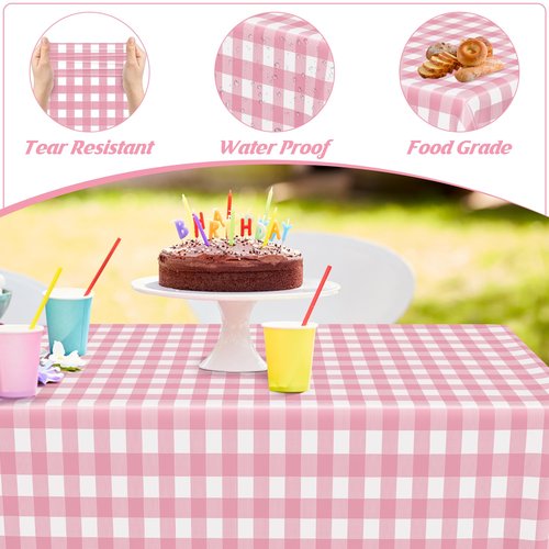12Pack Table Cloth Rectangle Table, 54" x 108" Plastic Table Cloth Disposable, Waterproof Pink and White Checkered Table Cover for Outdoor Picnic Birthday Party Supplies Gathering BBQ Holiday Dinner