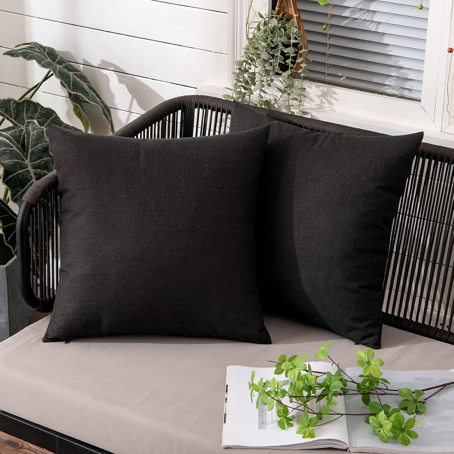 MIULEE Outdoor Throw Pillow Covers - Waterproof Decorative Linen Cushion Shams | 18x18 Inch, Black - Perfect for Fall & Halloween