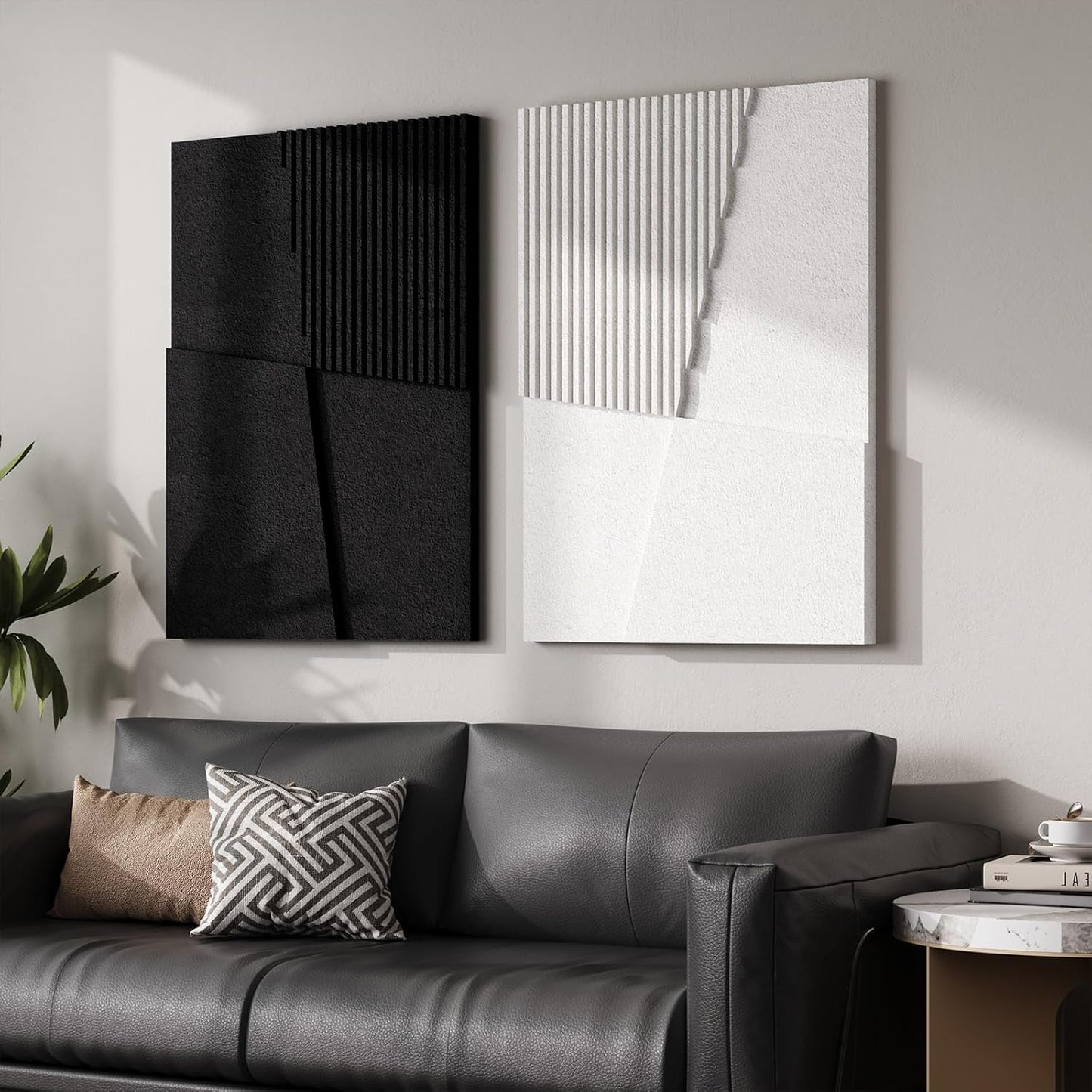 Skiennix 3D Textured Black and White Abstract Wall Art - Modern Geometric Paintings | 24x36 In, 2 Piece Set