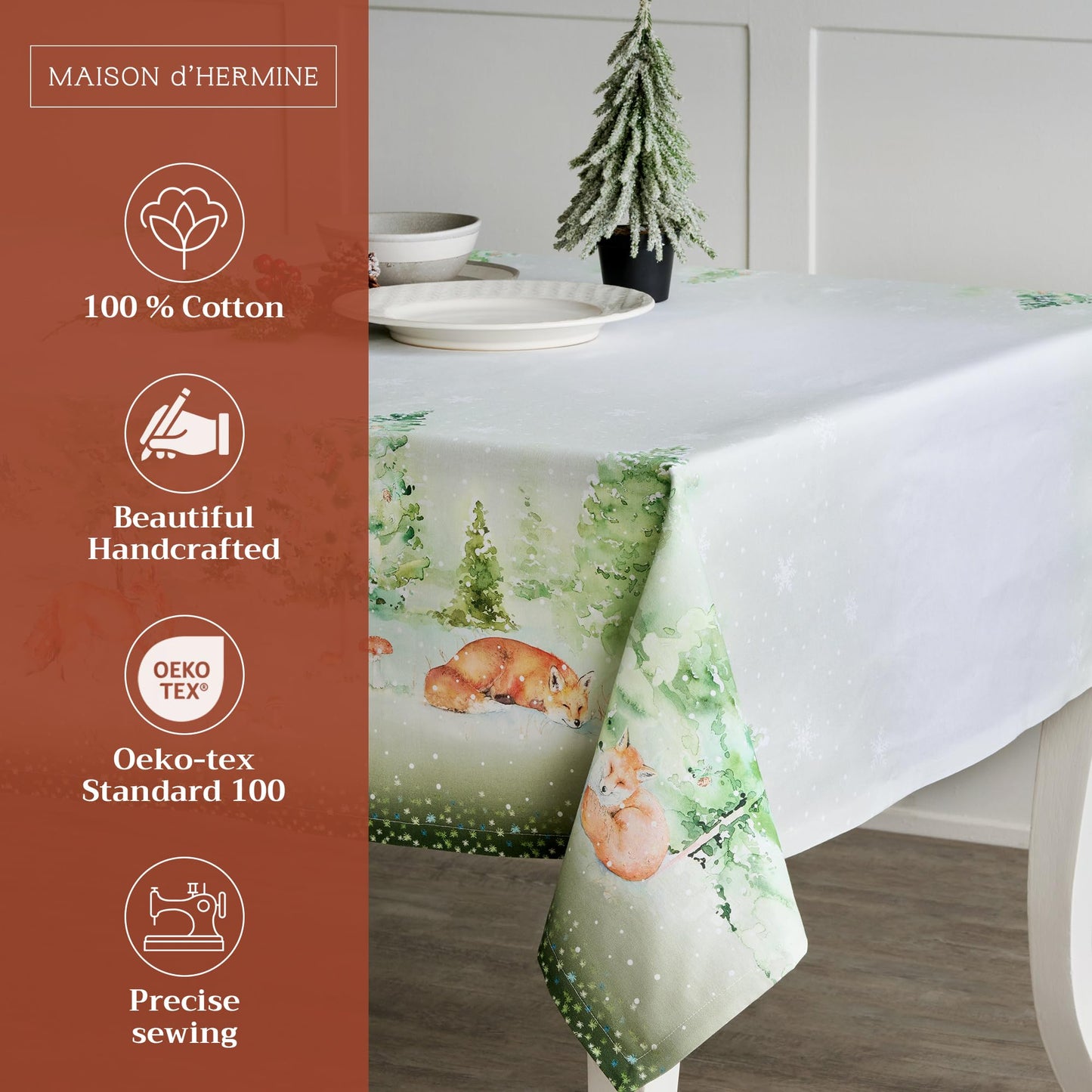 Maison d' Hermine Table Cloth Rectangle Table 100% Cotton 54 x 72 Inches Fall Tablecloth Reusable Everyday Use for Thanksgiving Christmas Decorations Dining Farmhouse Party (Winter Mornings)