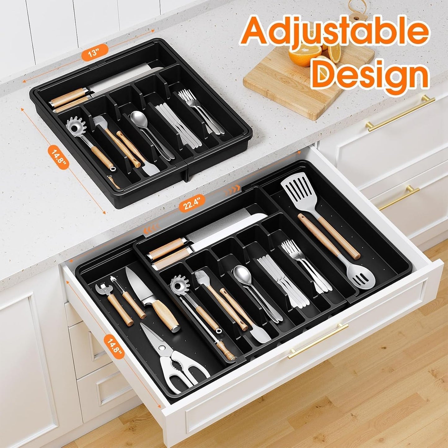 SpaceHacks Silverware Organizer - Adjustable & Expandable Utensil Drawer Holder | BPA-Free Cutlery Tray, Large Black