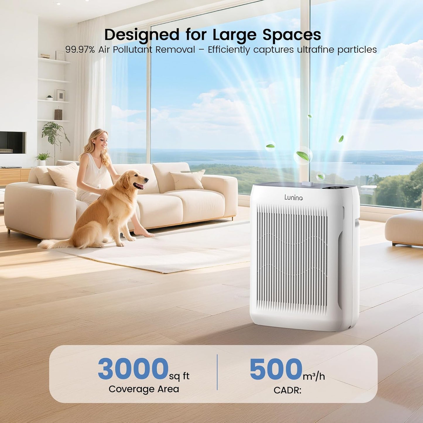 LUNINO Air Purifier - Large Room Coverage Up to 3000 Ft² | H13 HEPA Filter, Auto & Pet Mode, Aromatherapy