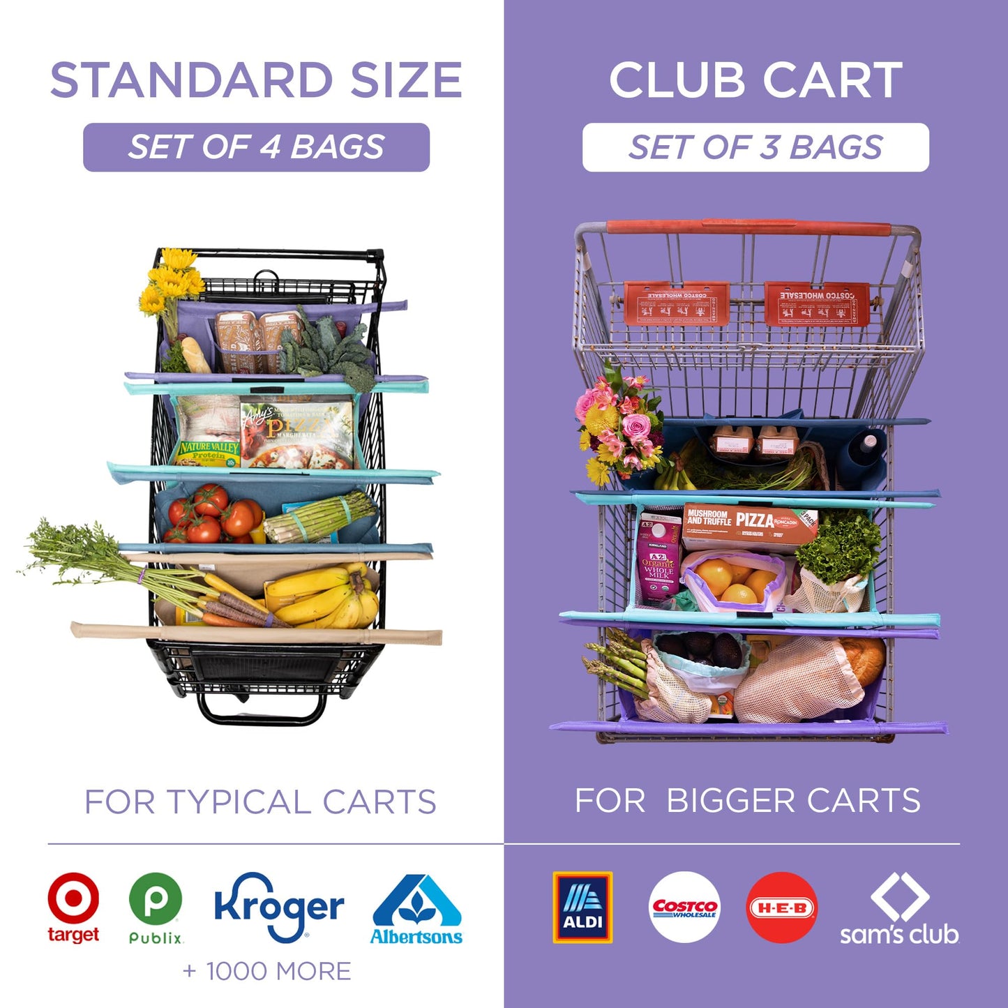 Lotus Original Trolley Reusable Shopping Bags (4-Pack) – Detachable & Reusable Grocery Bags Foldable with Insulated Grocery Bag & Egg/Wine Holder – Washable Shopping Totes to Save Time & Easy Storage