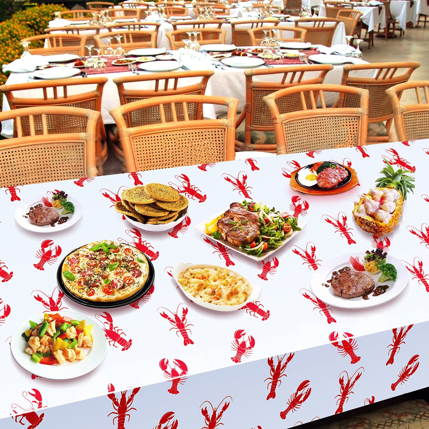 Touman 2 Pieces Crawfish Tablecloth Birthday Party Lobster Table Covers White and Red Crawfish Table Cloth for Party Decoration Supplies, 108 x 54 inches,White,red