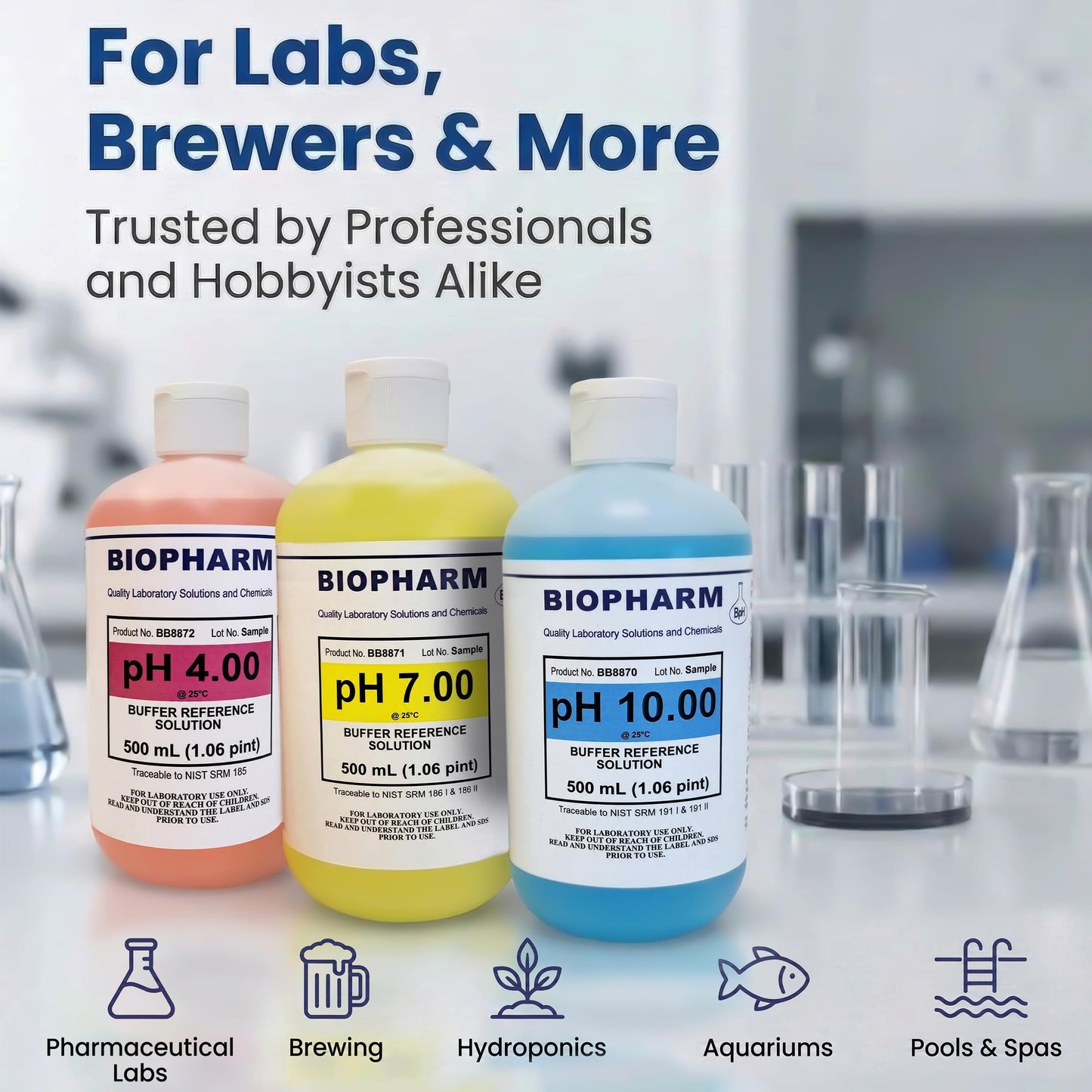 pH Buffer Calibration Solution Kit 3-Pack: pH 4.00, pH 7.00, pH 10.00 Buffers — 250 ml (8.4 fl oz) Each — Color Coded — NIST Traceable for All pH Meters