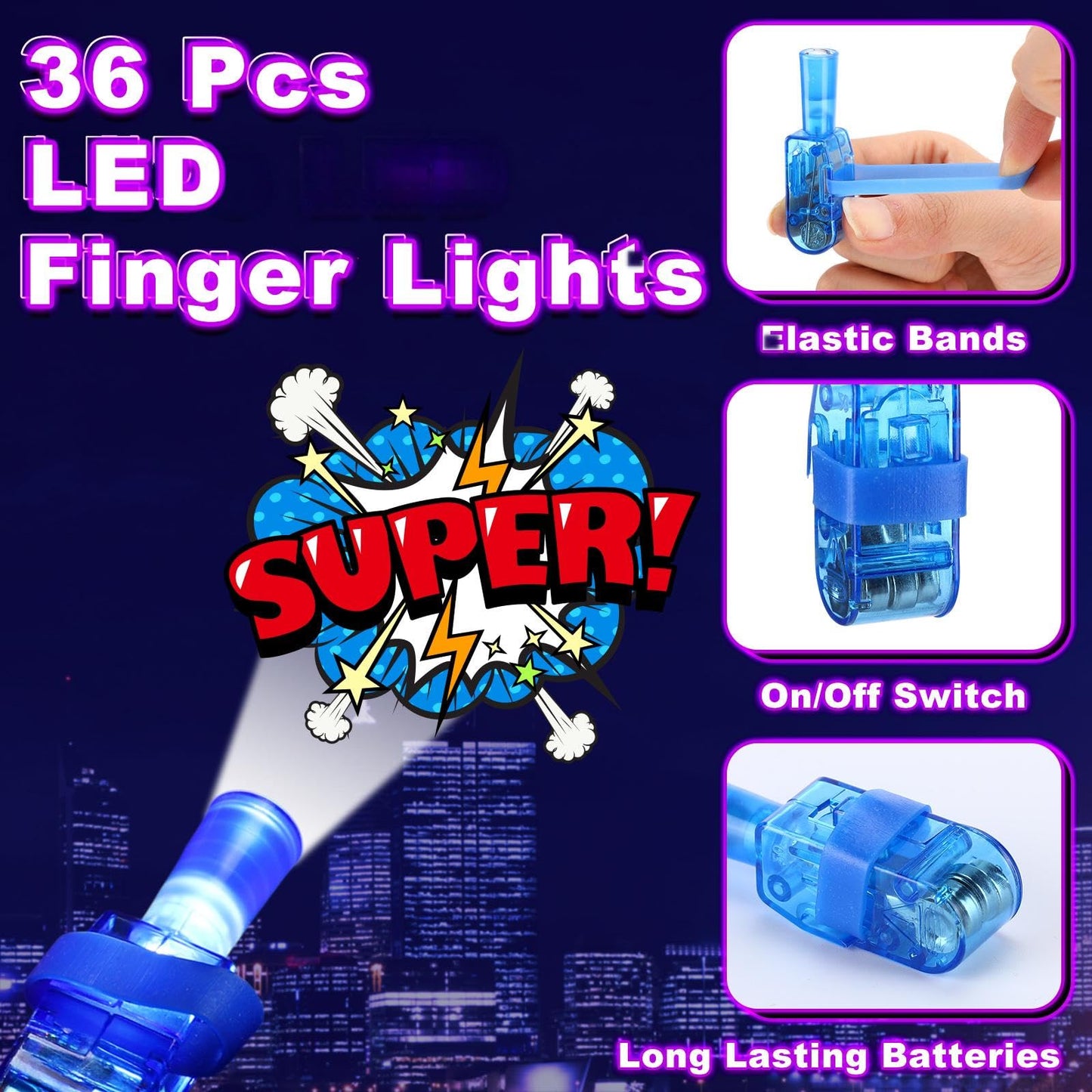 SiliFine 36 Pcs Hero Theme Party Favor Hero LED Finger Lights Favor Glow in the Dark Finger Light Bulk for Birthday Goodies Bag Stuffer Reward Prizes Valentine Gifts Valentine Party Supplies Classroom