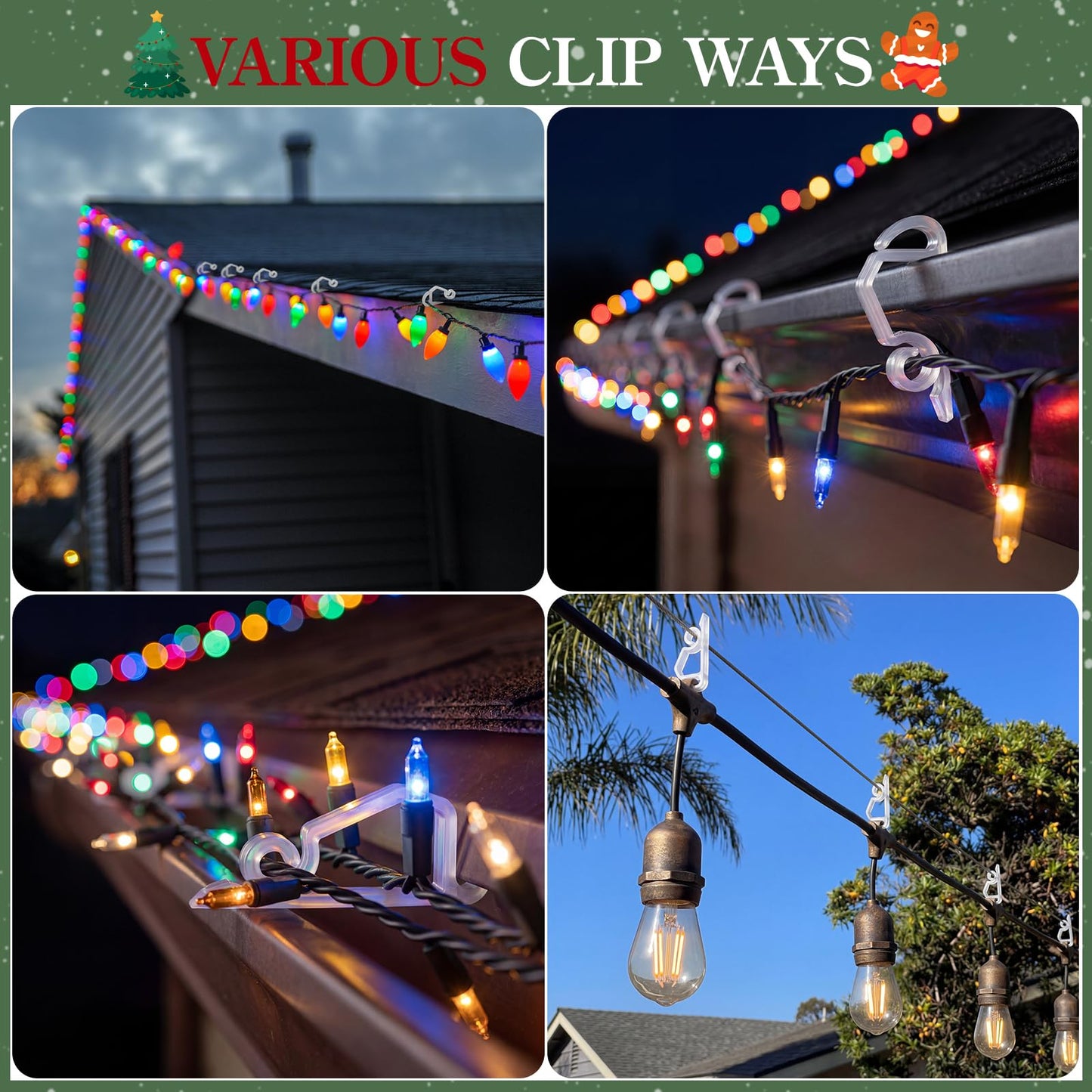 MEILIDY Christmas Light Clips, Weatherproof Plastic Gutter Clips for Hanging Outdoor Holiday Seasonal String Lights, Clear, 100 Pcs