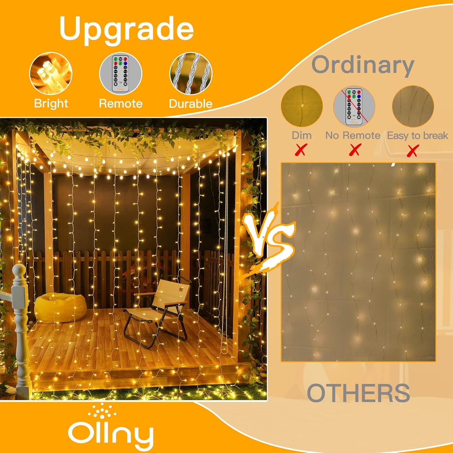 Ollny Curtain Lights - 200 LED Dimmable Fairy String Lights with Remote | 6.6x6.6ft Warm White Decor