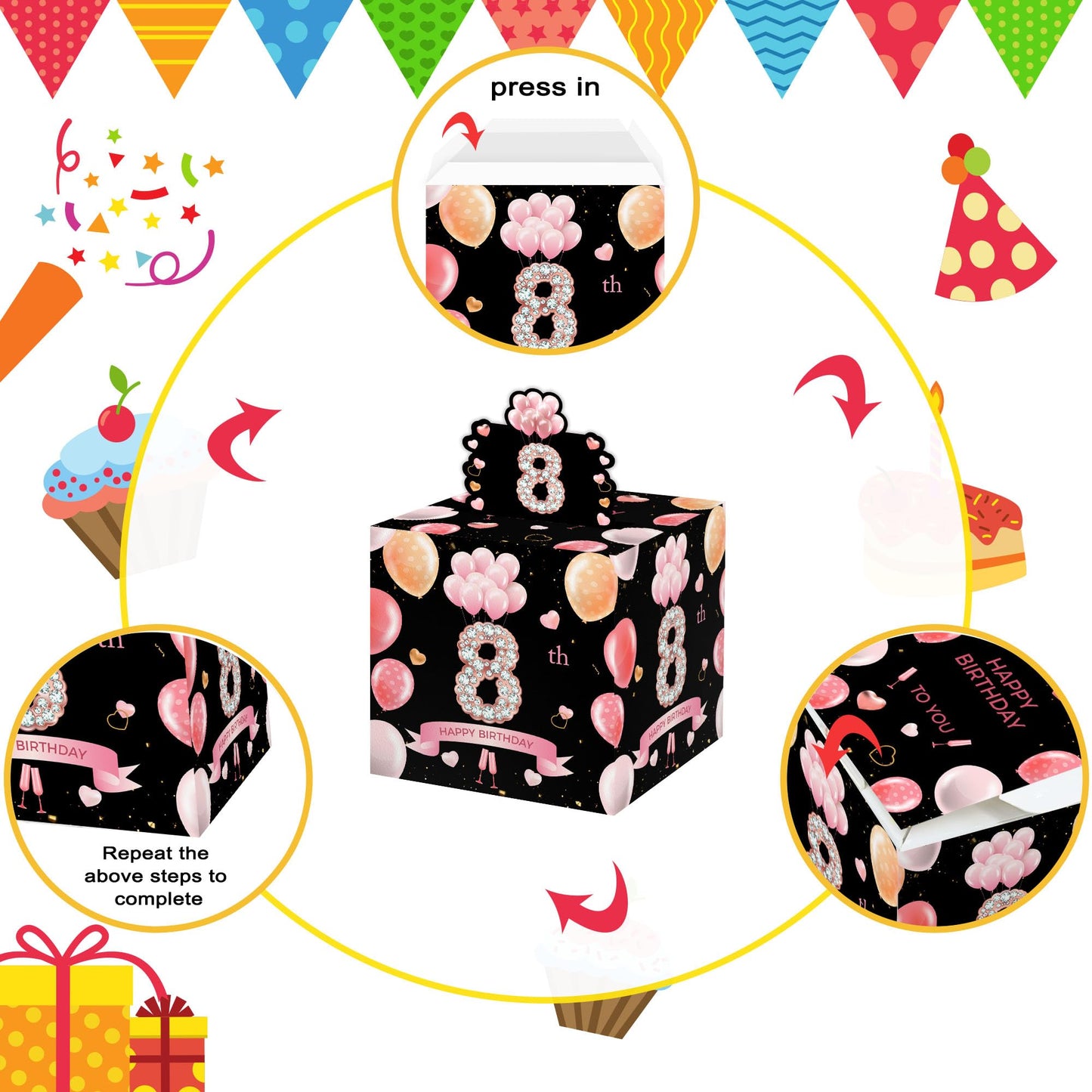 Surprise Gift Box for 8th Birthday Party, Happy Birthday Money Gift Boxes with 35PCS Bags