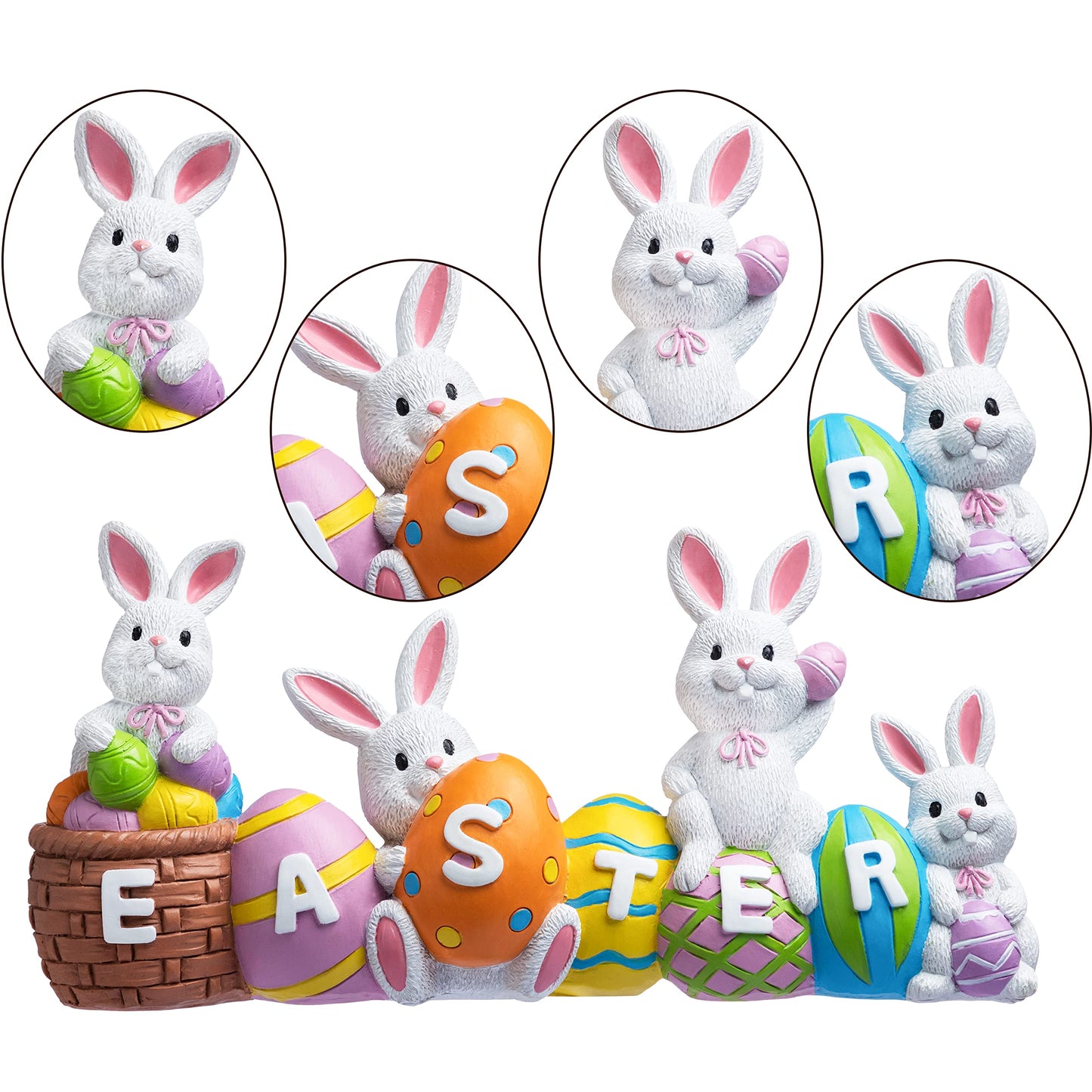 JOYIN Easter Bunny Table Decor Eggs with Easter Resin Centerpiece Decoration 4 Rabbits Bunny & Egg Tabletop Figuring for Spring Home and Office