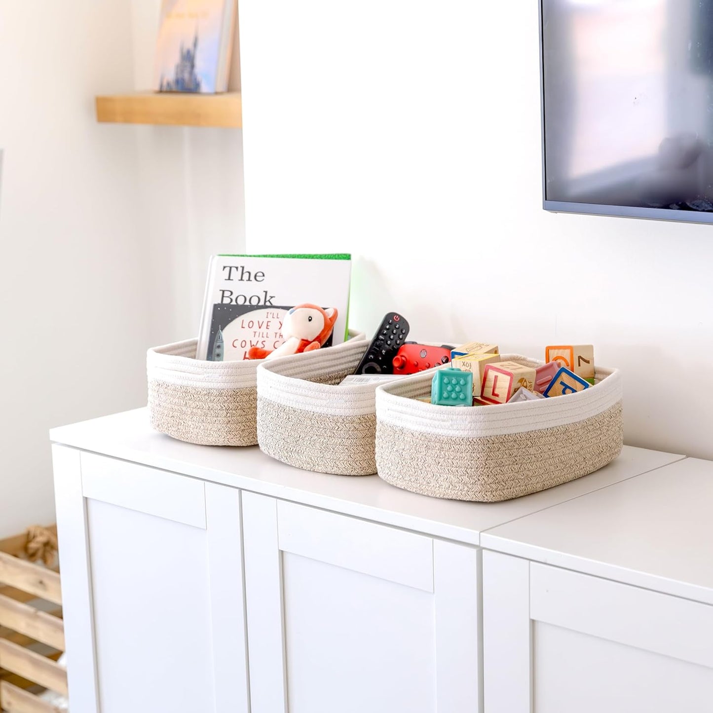 NaturalCozy Storage Baskets - 3 Pack Cotton Rope Woven Bins for Organizing | Small Size for Nursery, Bathroom, Closet