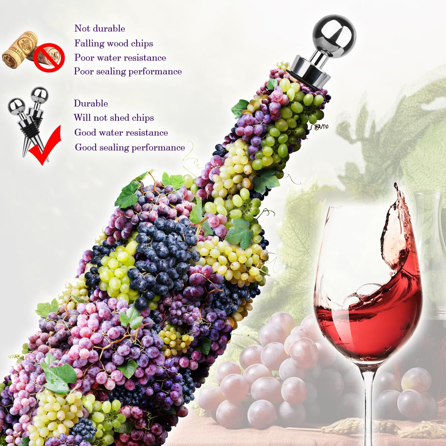 3 Pcs Wine Stopper Bottle Stopper Wine Saver, Yimerlen Silicone Vacuum Wine Bottle Corks, Reusable Wine Stopper Used for Bar, Holiday Party Keep Wine Fresh Suitable for Standard Bottle (Silver)