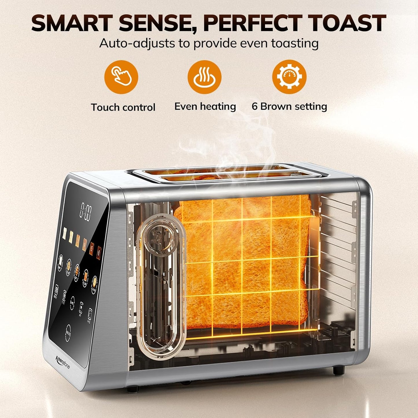 Keenstone Toaster - 2 Slice Digital Smart Toaster with Touchscreen & Dual Control Panel | Stainless Steel