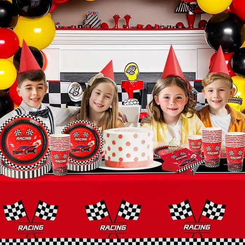 Childom 102 PCS Racing Car Tableware Sets,Race Car Birthday Party Supplies,Disposable Racing Tablecloths,Plates Cups Napkins,Cars Themed Tableware Set for Boys Birthday,Kids Parties,Racing Party Decor