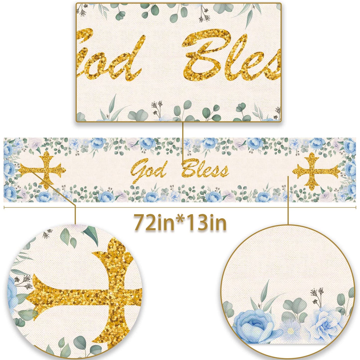 Pudodo Boy Baptism Table Runner God Bless First Holy Communion Christening Baby Shower Party Kitchen Dining Home Decoration (13" x 72", Blue)