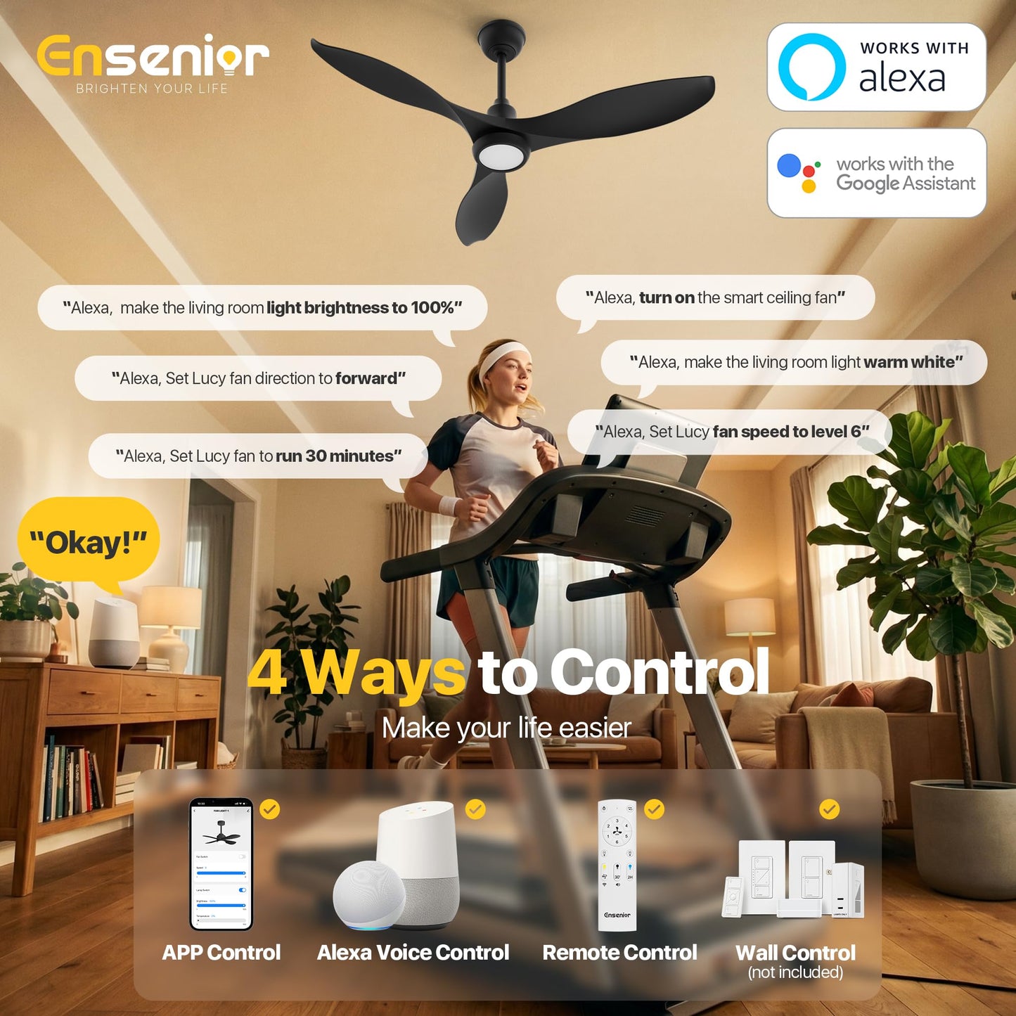 Ensenior 52 Inch Smart Ceiling Fans with Lights and Remote, Control via Alexa Google Voice App, 3000K-6000K Dimmable LED 6-Speed Reversible DC Motor Black Ceiling Fan for Bedroom Living Room, 3 Blades