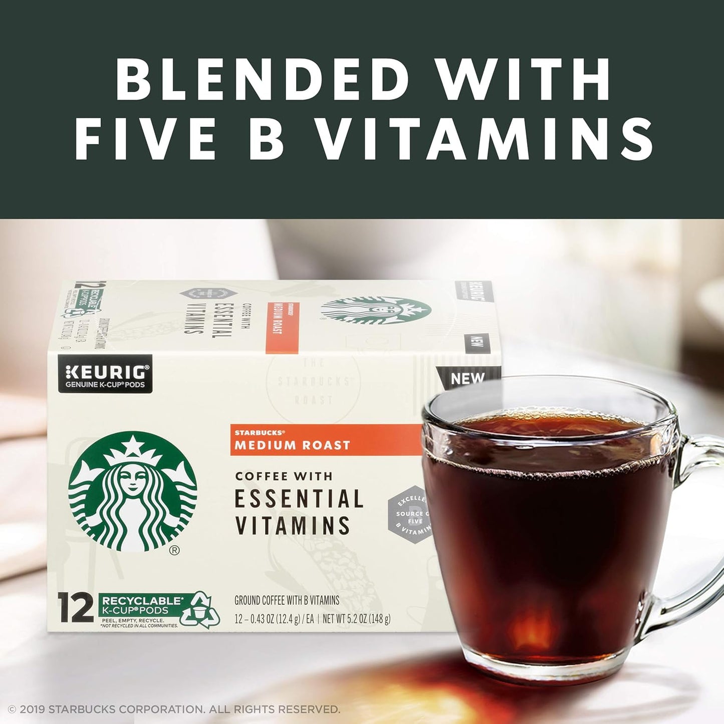 Starbucks Medium Roast K-Cup Coffee Pods - Essential B Vitamins for Keurig Brewers | 48 Pods (4 Boxes)