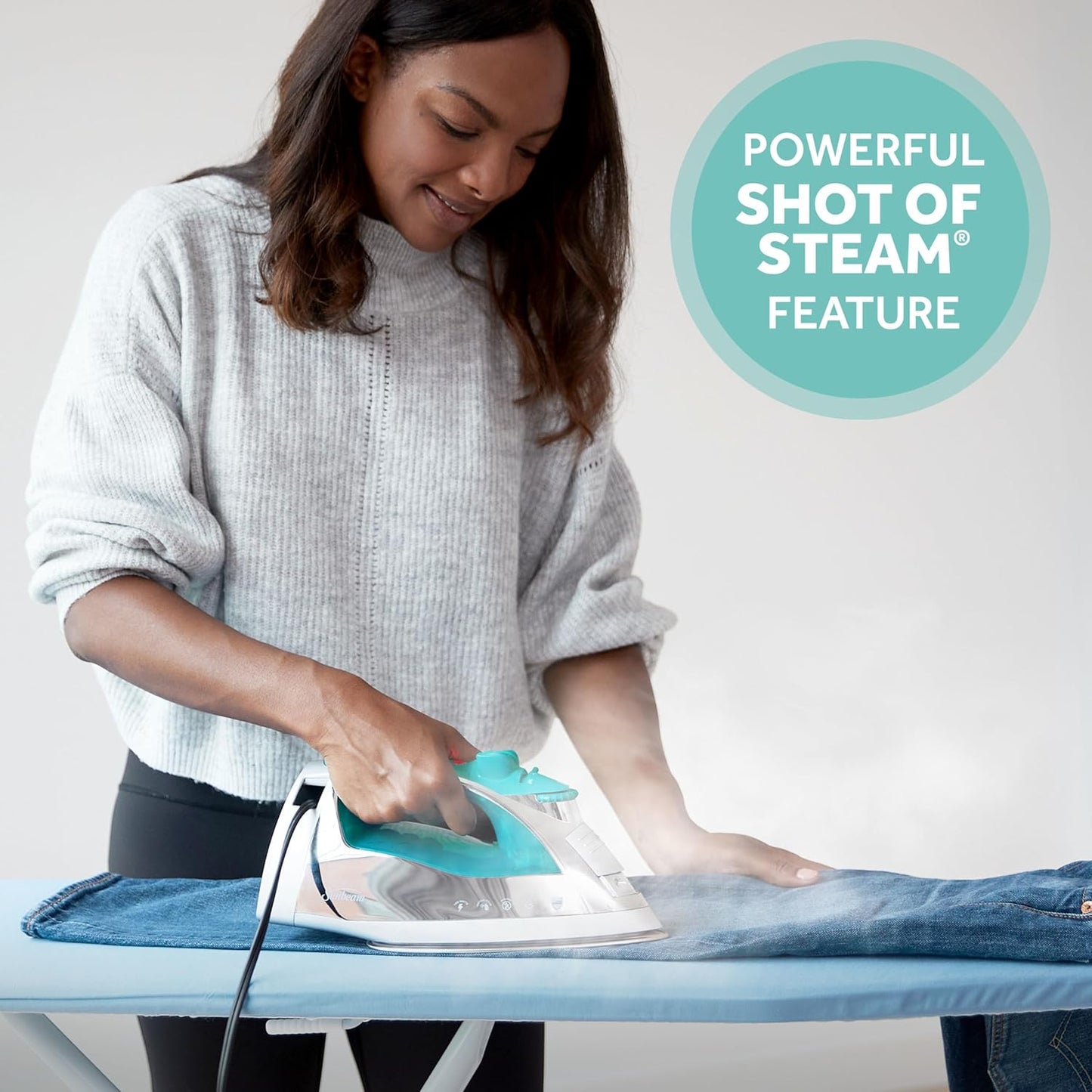 Sunbeam Turbo Steam Iron - 1400W Quick Heat with Stainless Steel Soleplate | 240ml Water Tank, White & Teal