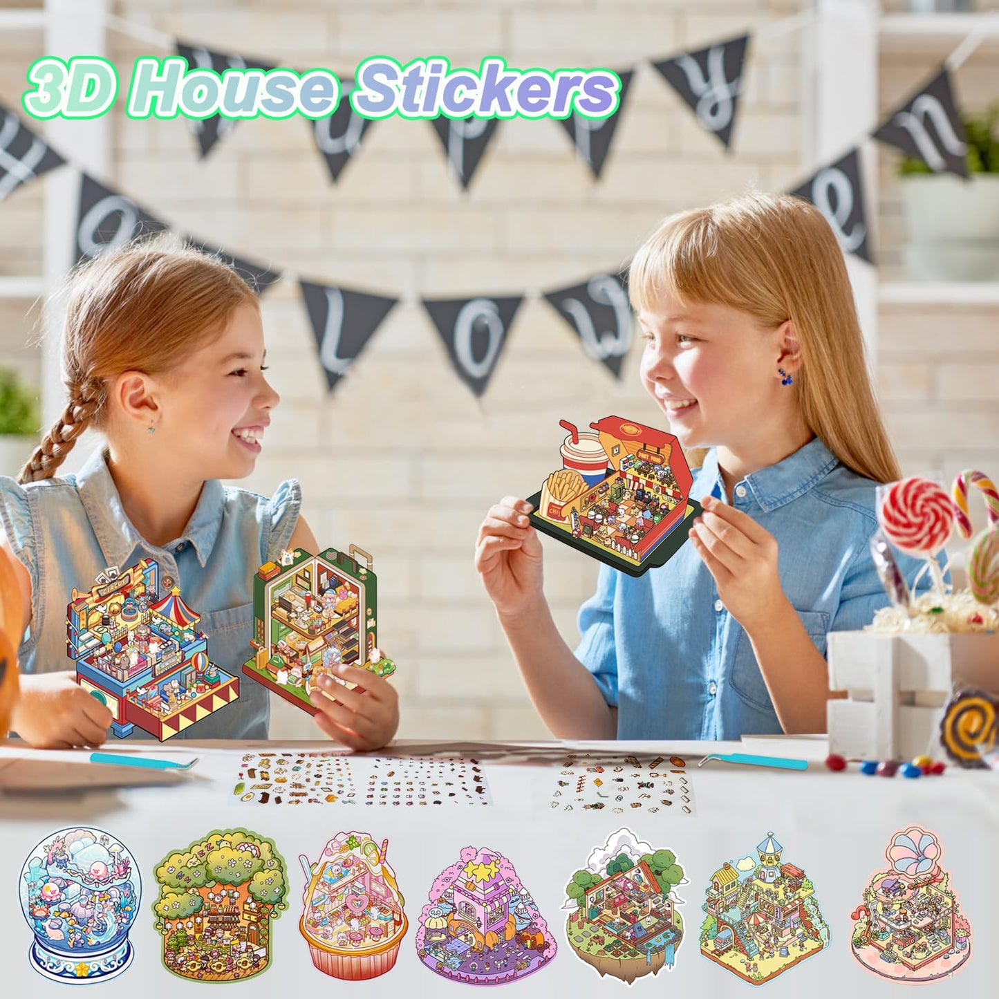 Miniature DIY 3D House Sticker Scene - 16 Sets Fun 3D Stickers for Adults Kids Relief Stress Pass The Time