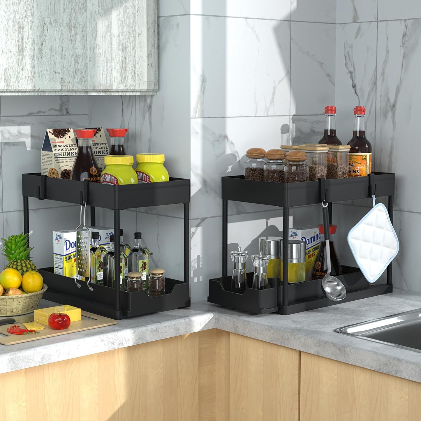 MEAFBIRD Under Sink Organizer - 2 Tier Bathroom Cabinet Storage with Sliding Baskets | Black 2 Pack