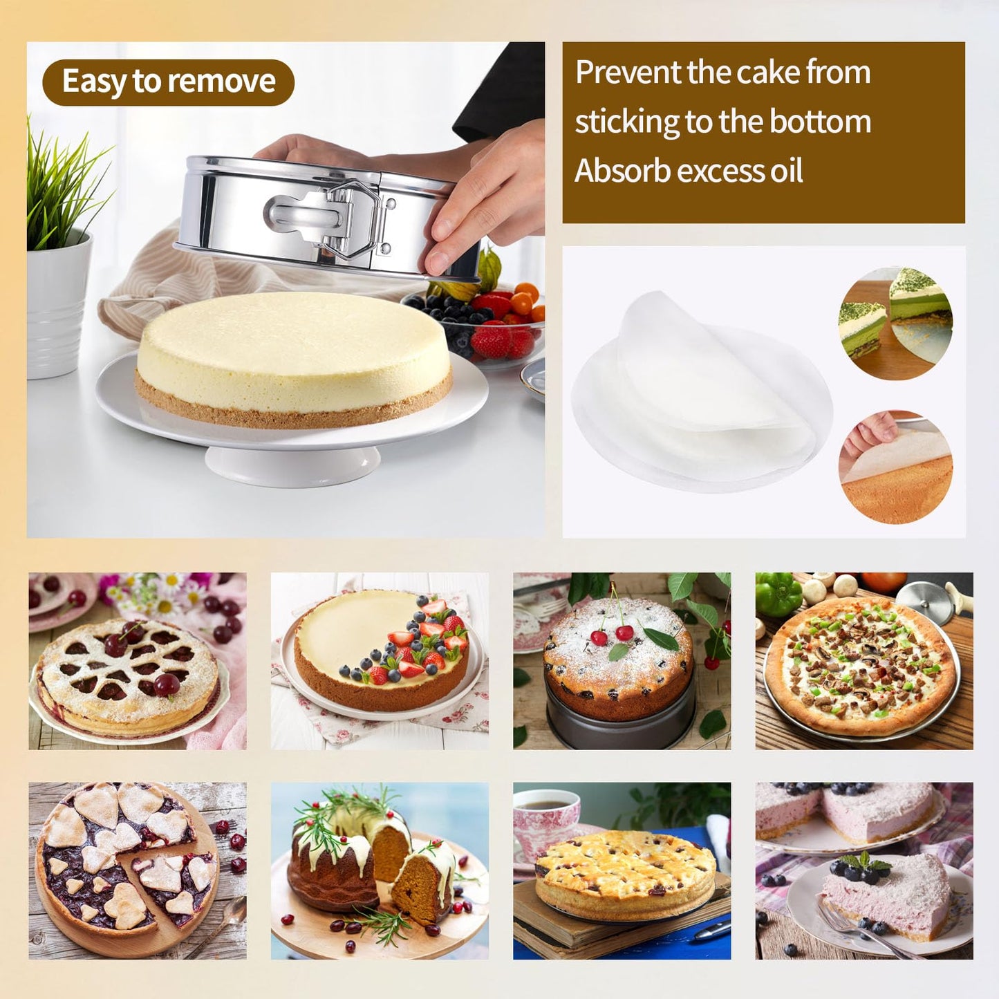 OYAOL 9 Inch Springform Pan - 304 Stainless Steel Nonstick Springform Cake Pan with Removable Bottom, 10 Inch Silicone Leakproof Cheesecake Pan Protector with Parchment Paper