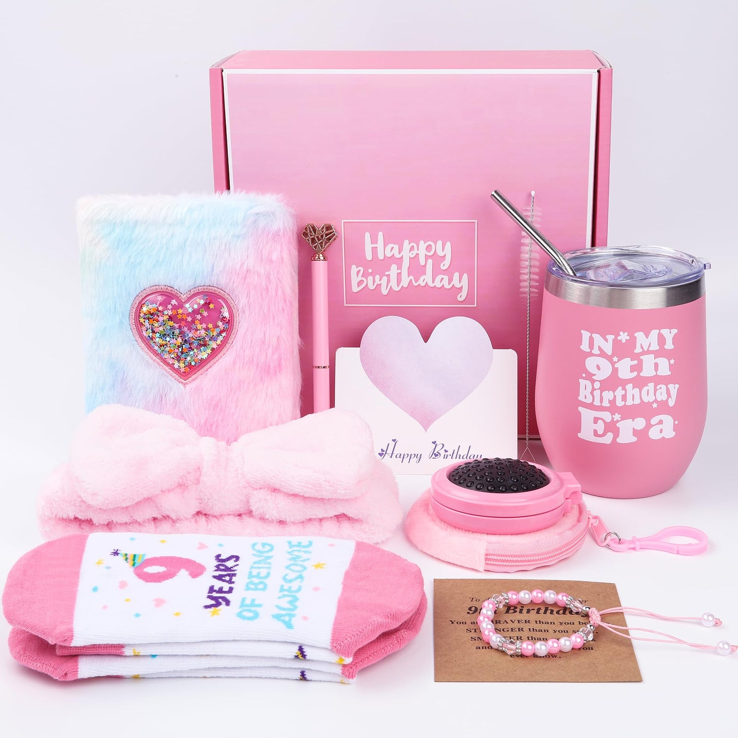 Splendest 9 Year Old Girl Birthday Gifts – 9PCS Pink 9th Birthday Presents for Girl – Gifts for 9 Year Old Girls