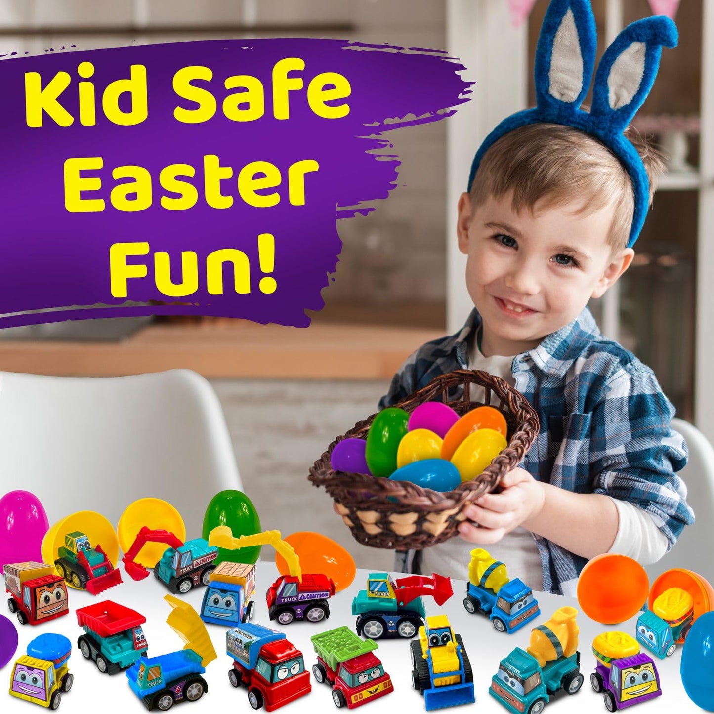 stargo 24 Pack Colorful Prefilled Easter Eggs bulk with toys - Mini Car set Construction Engineering Vehicles pull-back cars. Plastic Easter Eggs Filled, Basket Fillers, Party Favors, Boys Goodie Bags