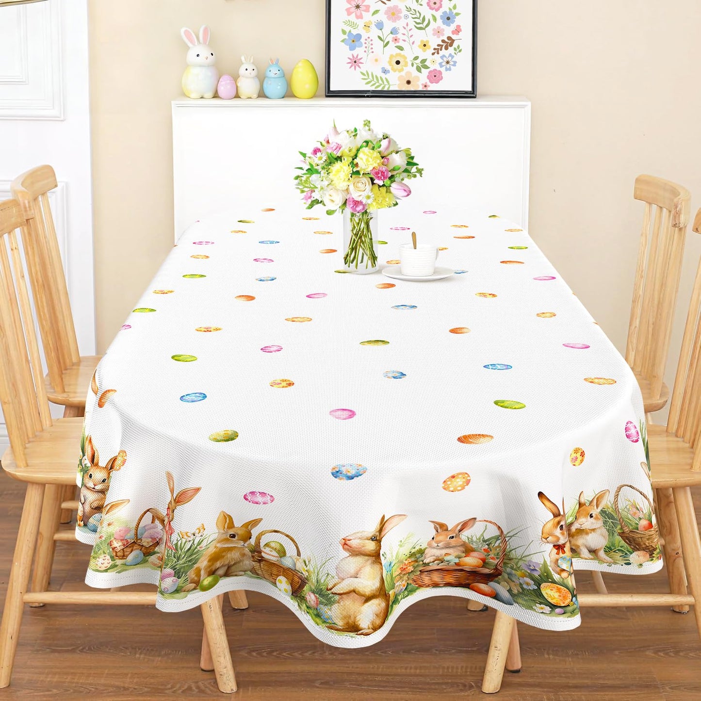 Roszwtit Spring Easter Tablecloth, Easter Eggs Bunny Floral Table Cloth Waterproof, Spring Rabbit Flowers Kitchen Table Decor for Dining Holiday Party 60x84 Inch Oval
