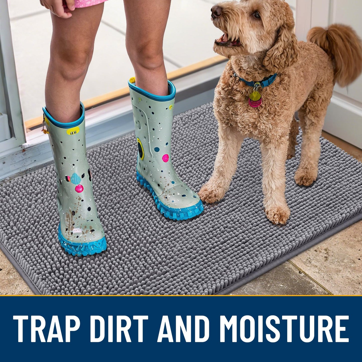 Smiry Dog Door Mat for Muddy Paws 44x32, Absorbent Dirt Trapper, Non-Slip Washable Chenille Entryway Rug for Inside Floor, Grey, Classic Solid