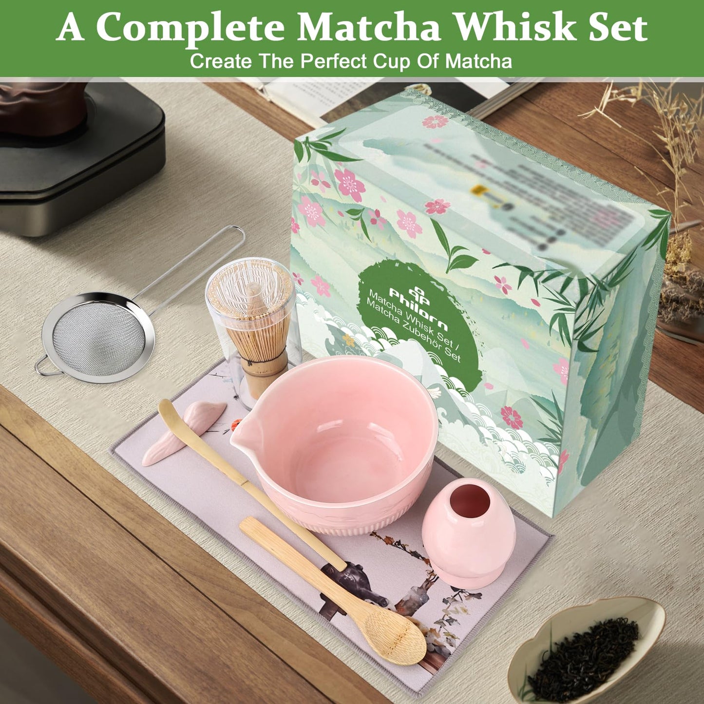 PHILORN Matcha Whisk Set, 9Pcs Ceramic Macha Kit, Matcha Set Whisk and Bowl with Spout, Whisks, Holder, Bamboo Scoop, Scoop Rest, Sifter and Tea Towel for Macha Lover (Pink)
