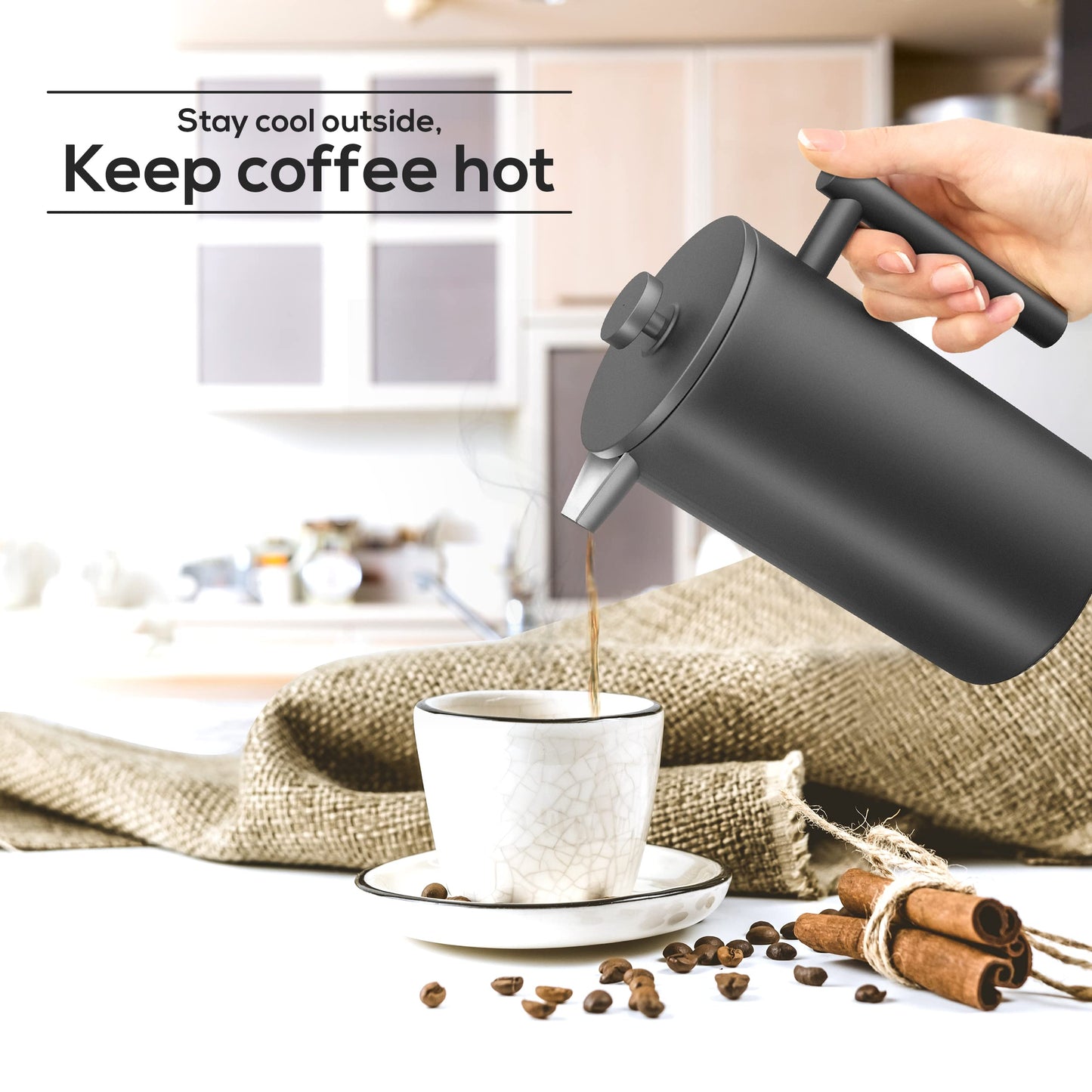 Utopia Kitchen 304 Grade Stainless Steel French Press Coffee Maker 17 Oz, Double Wall Insulated Coffee Press with 4-Level Filtration system, Include 2 Extra Filters, Rust-Free, Black