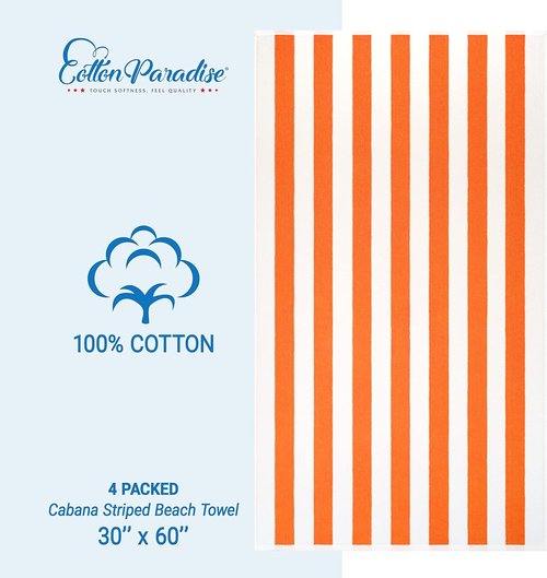 Cotton Paradise Beach Towels - Extra Large 30x60 Inches, Soft & Quick Dry, 4-Pack in Orange