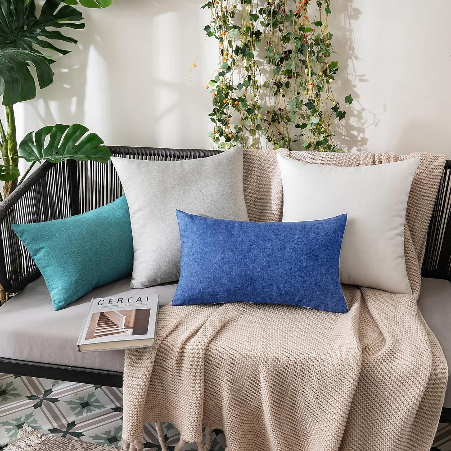 MIULEE Decorative Outdoor Throw Pillow Covers - Waterproof Faux Linen Cushion Cases | 20x12 Inch Royal Blue (Pack of 2)