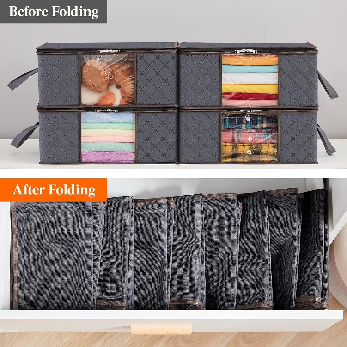 Lifewit 4-Pack Clothes Storage Bags - Foldable Organizer with Reinforced Handles & Clear Window | Gray