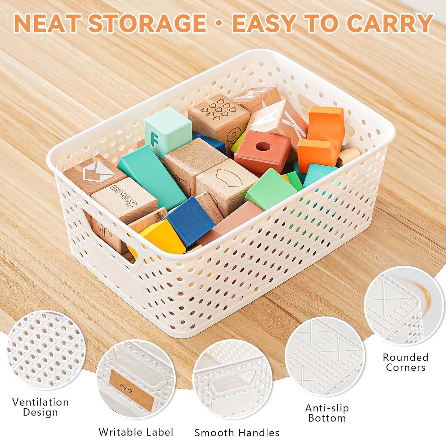 12 Pack Plastic Storage Baskets by [Brand Name] - Versatile Organizers with Handles & Labels for Cabinets, Closets, and Offices