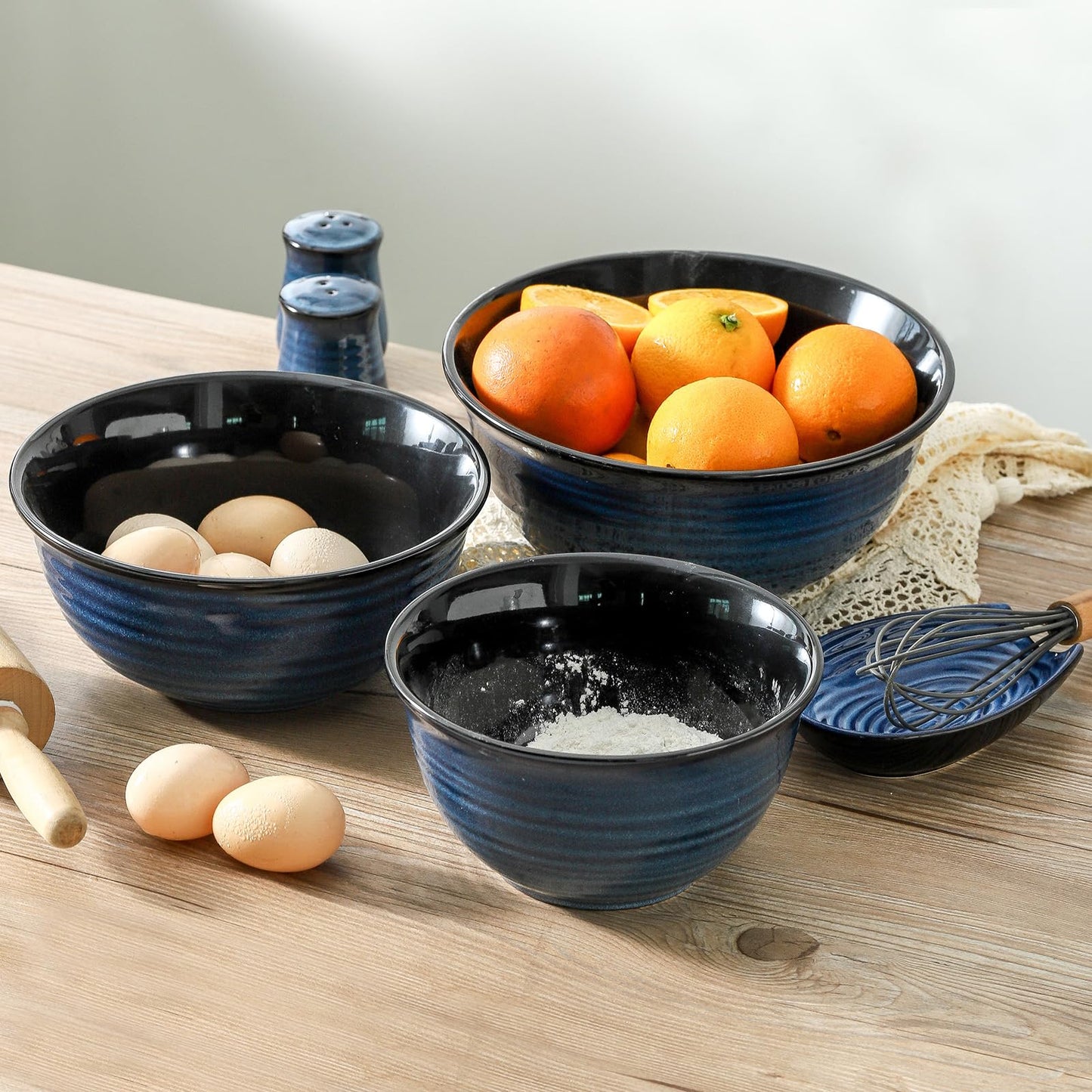 Tikooere Ceramic Mixing Bowls,Large Serving Bowls 2.1/1.5/1.0 Qt,Salad Bowls Set of 3 for Kitchen Space Saving Storage,Nesting Bowls for Popcorn,Soup,Fruit, Microwave & Dishwasher Safe,Navy Blue