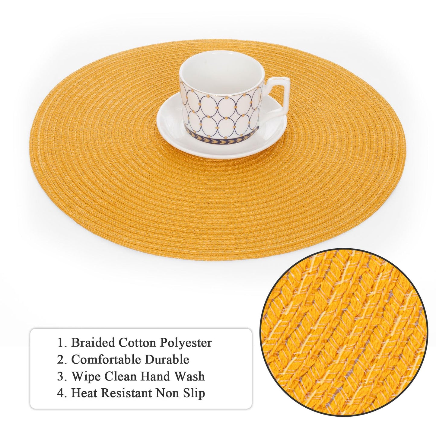 SHACOS 15 inch Round Braided Placemats Set of 6 Non Slip Washable Kitchen Table Place Mats Cotton Polyester Heat Resistant Table Mats for Home Wedding Dinner Party Table Decor, Mustard Yellow