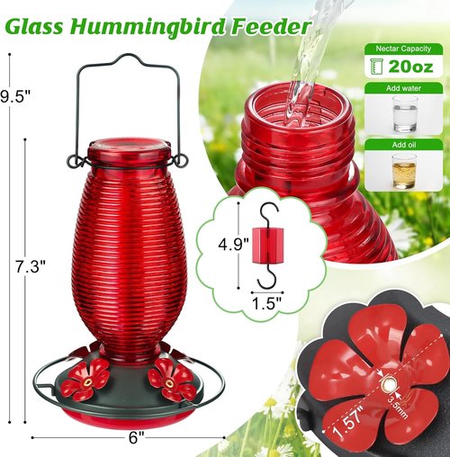 FEED GARDEN Glass Hummingbird Feeder - 16 Oz Purple & 20 Oz Red | Durable & Stylish Design