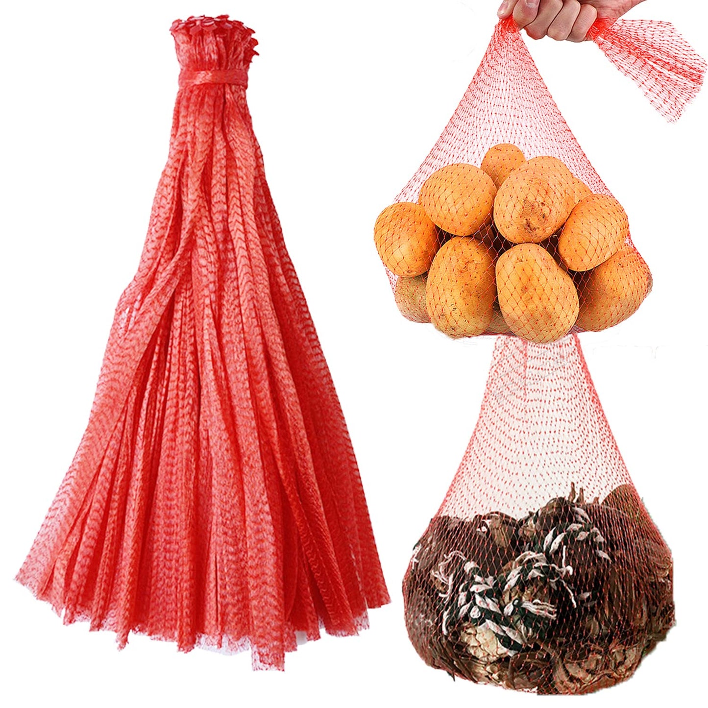 Dupiulk Reusable Produce Mesh Bags, 24 Inch Seafood Boil Bags for Crab Clam Shellfish Crawfish Cooking, Onion Potato Storage Eco-friendly Fruit Vegetable Produce Packaging Supplies Net (100Pcs-Red)